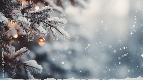 sfondo di rami di pino gelati e bianchi con spazio per testo al centro, inverno, concetto di biglietto di auguri natalizio minimalista photo