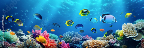 Colorful tropical sea fish swimming over coral reef, wide banner