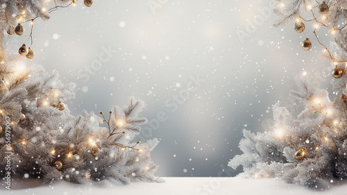 sfondo natalizio con palle di natale, rami di pino e lucine di natale, sfondo natalizio ideale per biglietto di auguri , spazio per scritte o inserimento prodotto, , colori tenui pastello