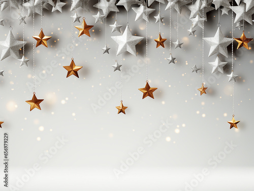 sfondo bianco con decorazioni natalizie bianche e oro, stelle , spazio per testo, biglietto di natale digitale