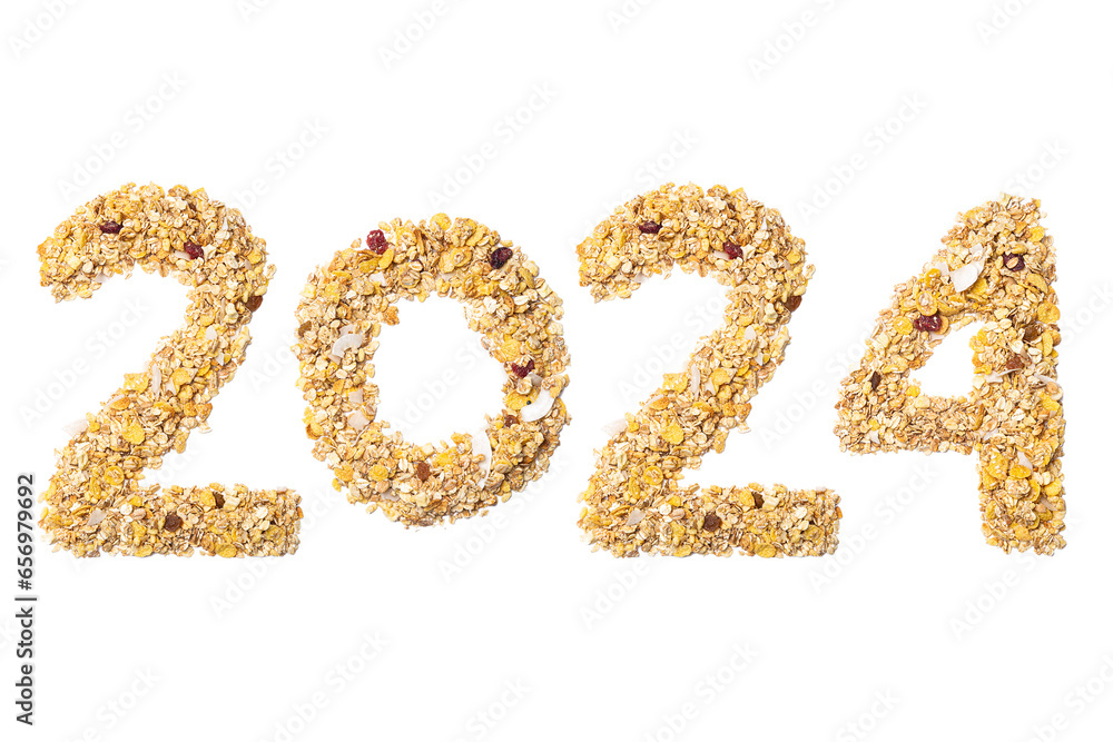 Calendar header number 2024 made of muesli and nuts on a white background. Happy New Year 2024 colorful background. Calendar header number 2024 made of muesli and nuts on a white background. Happy New Year 2024 colorful background.