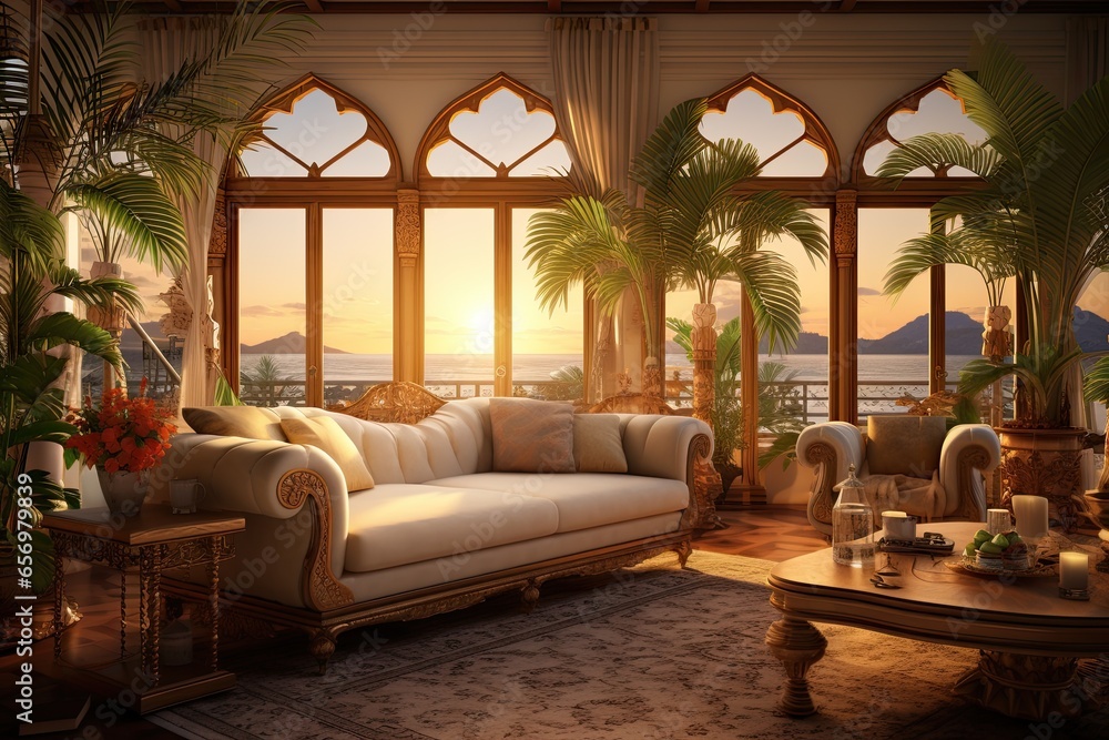 A living room with a view of the sunset by the sea. A living room with a view of the sunset by the sea.