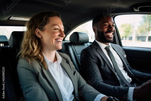 co-workers in suit sharing carpool to work photo