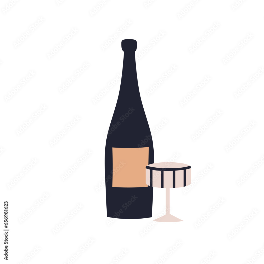 Champagne and coupe glass. Wine bottle and wineglass. Alcohol drink and