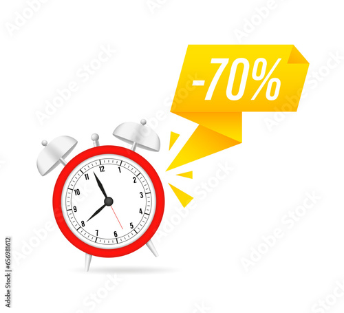 Discount last minute offer tag, 70 percent. Sale off time emblem, badge price discount number. Flat offer stamp, sticker clearance sale. Last minute discount. Alarm clock. Vector illustration