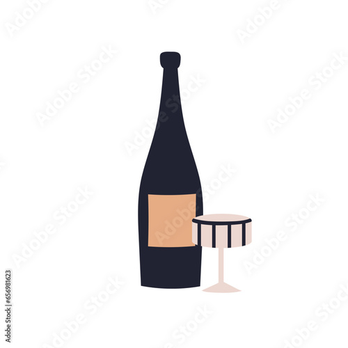Champagne and coupe glass. Wine bottle and wineglass. Alcohol drink and goblet. Bar beverage, prosecco and bocal, stemware. Flat vector illustration isolated on white background