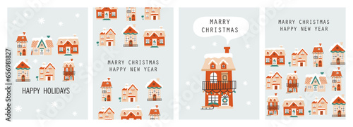 Christmas card set with winter houses. Vector illustrations