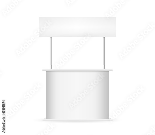 Promotion counter, retail stand isolated on white background. MockUp template for your design. Trade stand. Blank advertising stand on white background. Vector illustration