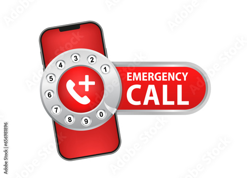 Rotary phone dial, retro vintage phone disc. Emergency call icon. SOS emergency call. Emergency message. SOS icon. Emergency hotline. 911 calling. Hotline concept. First aid. Vector illustration