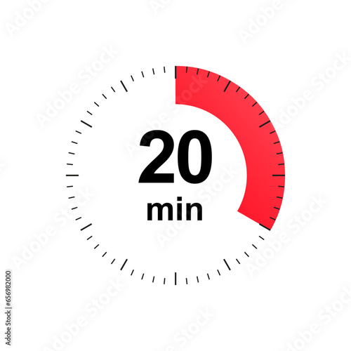 Stopwatch 20 minutes timer clock icon. Countdown timer. Different uses such as preparation time, cosmetic or chemical application time, waiting time. Vector illustration