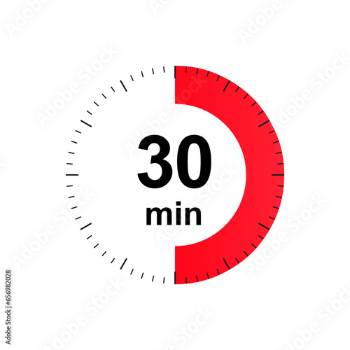 Stopwatch 30 minutes timer clock icon. Countdown timer. Different uses such as preparation time, cosmetic or chemical application time, waiting time. Vector illustration