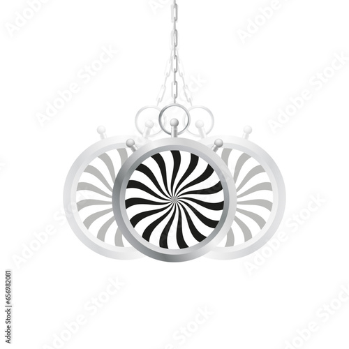 Hypnosis concept. Watch on a chain. Golden pocket watch. Clock symbol for hypnotic wallpaper pendulum. Hypnosis Spiral. Pendulum swinging. Vector illustration