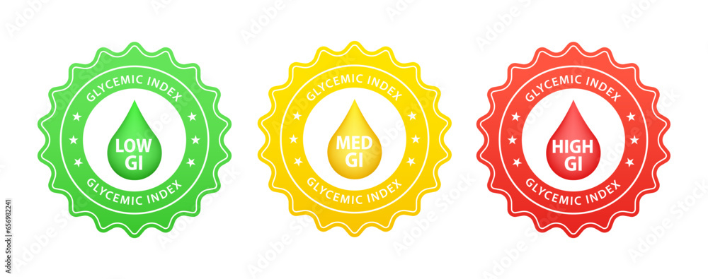 Glycemic index label badge vector. Low, medium and high glycemic index icons set. Vector illustration Glycemic index label badge vector. Low, medium and high glycemic index icons set. Vector illustration