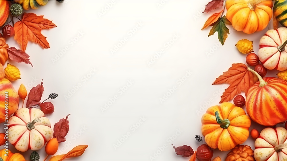Festive autumn decoration of pumpkins and leaves on white wooden background.