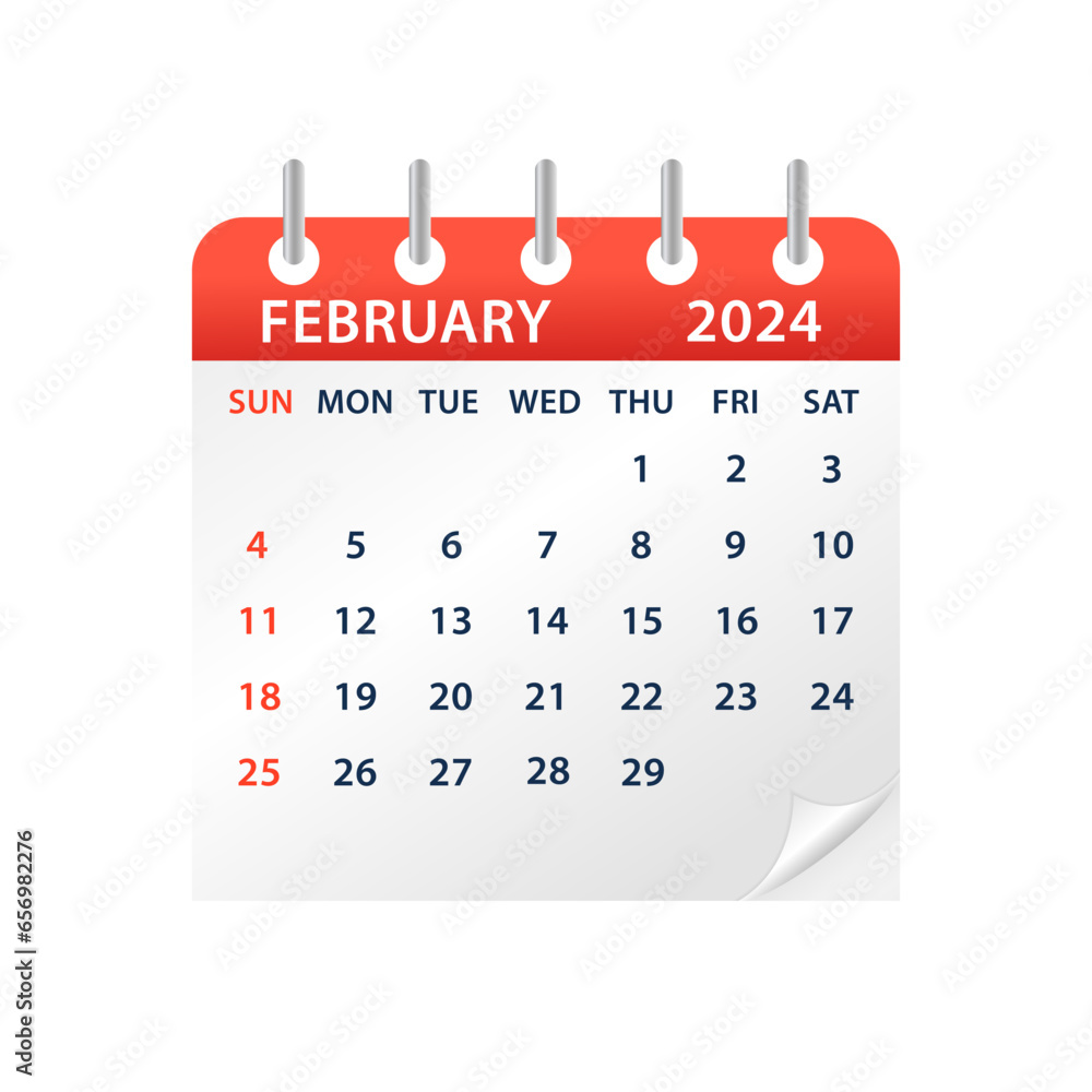 February 2024 Calendar Leaf. Calendar 2024 in flat style. Calendar 2024