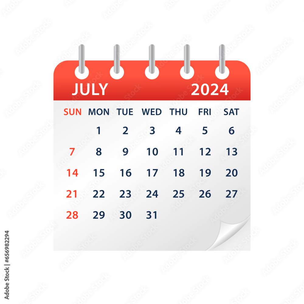 July 2024 Calendar Leaf. Calendar 2024 in flat style. Calendar 2024