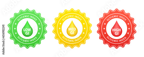 Glycemic index label badge vector. Low, medium and high glycemic index icons set. Vector illustration