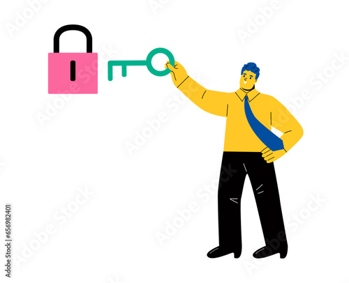 Business man holding  keys to unlock business solutions, keys to success. Flat vector illustration isolated on white background