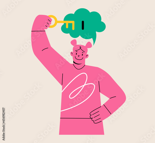 Woman inserting key to keyhole of thought bubble. Unlock idea and explore potential, development of thinking. Colorful vector illustration