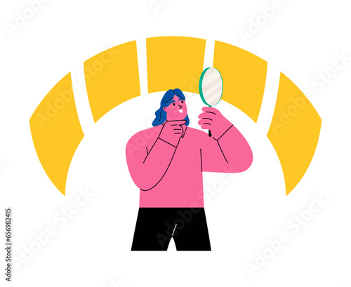 Business woman with magnifier discover papers and documents for employment. Flat vector illustration isolated on white background