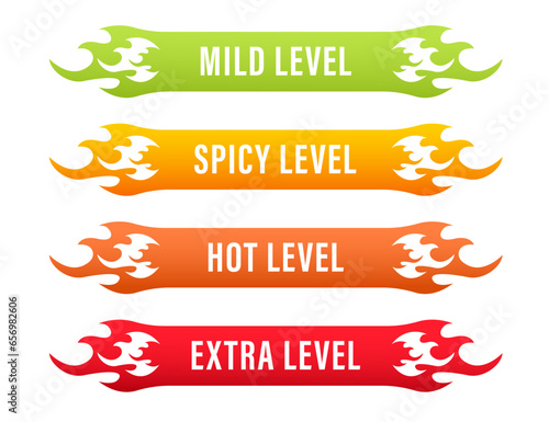 Hot spicy level labels of vector jalapeno, chili, cayenne peppers with fire flames. Spicy food or sauce taste scale indicators, green, red, yellow and orange rating signs. Vector illustration