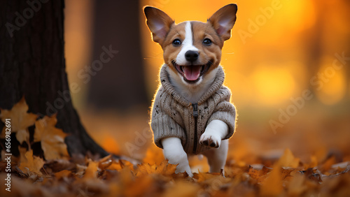 Cute puppy in sweater with autumn pattern running, in autumn park.