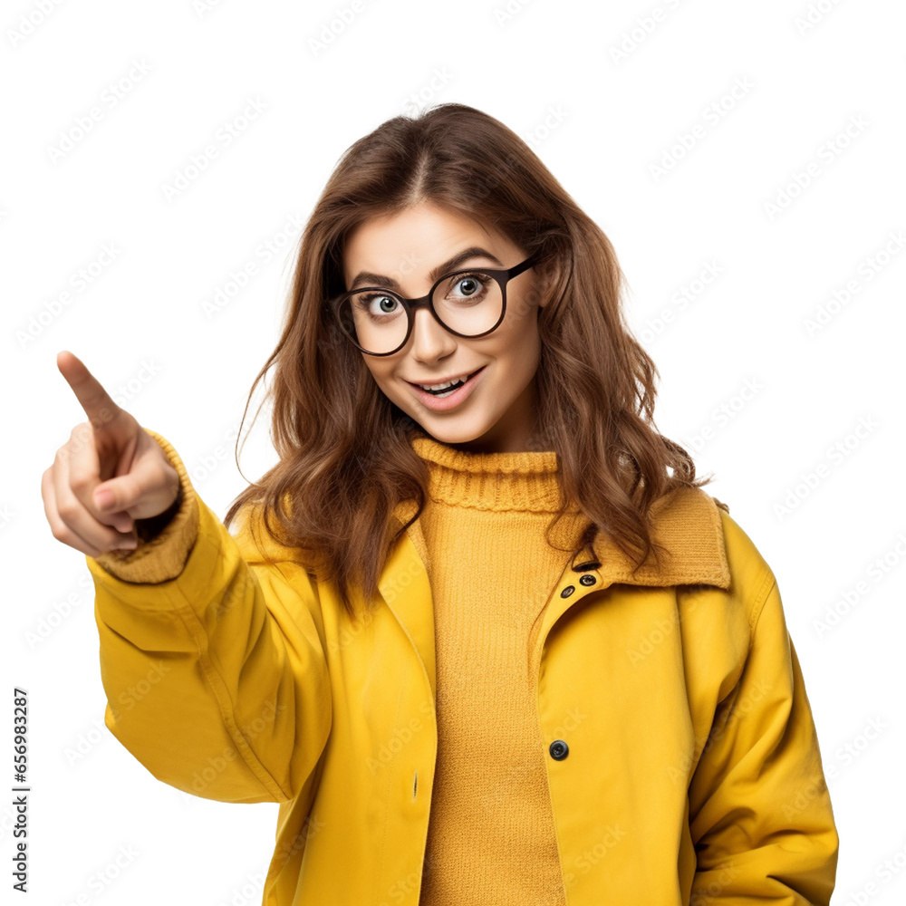 Shot of pretty shocked cheerful young woman model pointing. Advertises product or tells about awesome offer isolated over white background