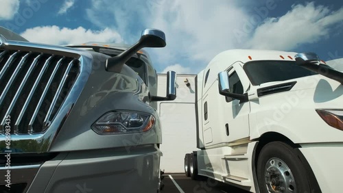 Trucks stand in the parking lot. move camera footage. wide shot footage