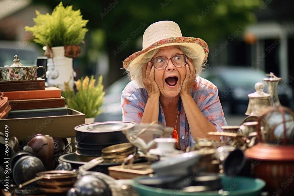 surprised woman finding treasure in yard sale