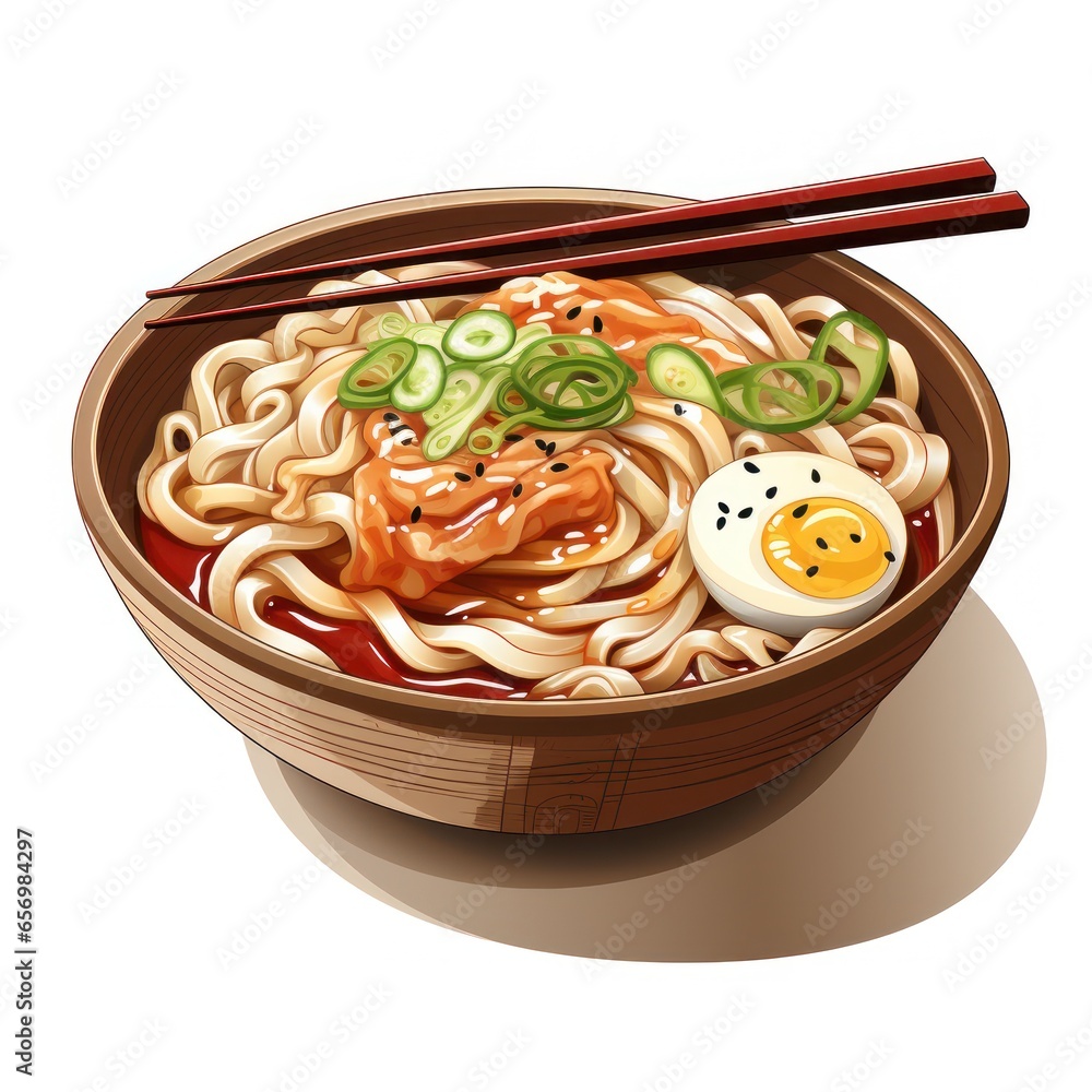 Traditional japanese udon noodle bowl with crispy fried tofu, meatballs