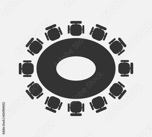 Oval table for talks graphic icon. Table and chairs around him sign isolated on white background. Vector illustration