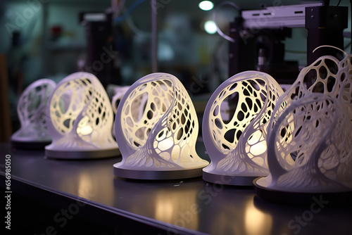 A 3D printer is in the middle of printing prototypes, converting innovative ideas into tangible objects in a tech lab setting.
