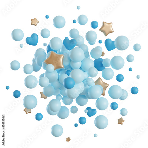 Blue balloons on transparent background. It's a boy foreground. Cut out graphic design elements. Happy birthday, party, baby shower decoration. Round shape, explosion, blast, circle. 3D render.