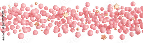 Pink balloons line on transparent background. It's a girl foreground. Border, row. Cut out graphic design elements. Happy birthday, party, baby shower decoration. Helium balloon group. 3D render.
