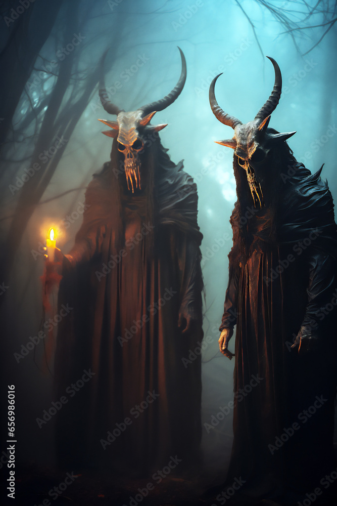 pair of horned demons in the woods - generative ai