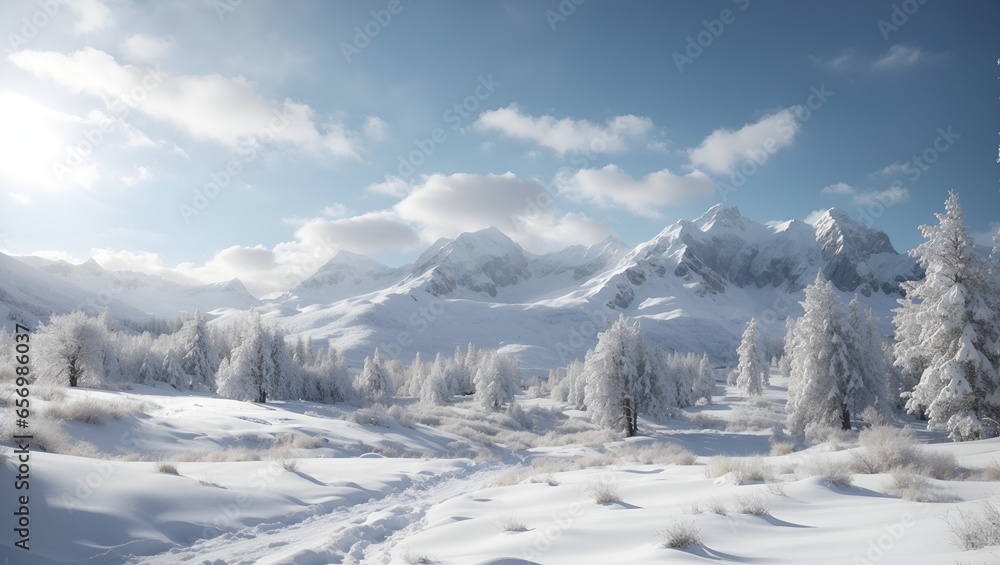Beautiful and mesmerizing winter landscape with trees under the snow and mountains in the background. Scenery for the tourists. Christmas and holidays concept. With copy space.
