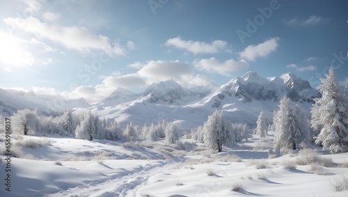 Beautiful and mesmerizing winter landscape with trees under the snow and mountains in the background. Scenery for the tourists. Christmas and holidays concept. With copy space. 
