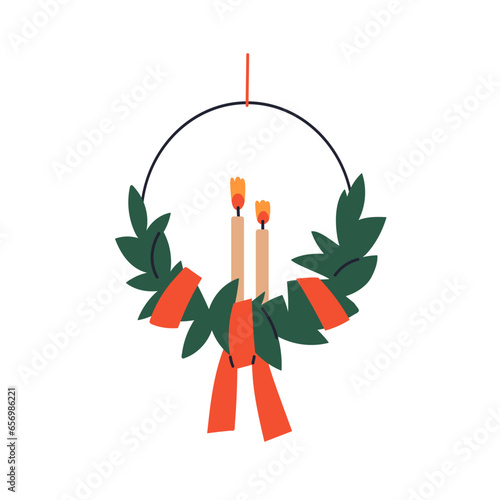 Christmas circle wreath. Winter holiday decoration with candles, fir and ribb...