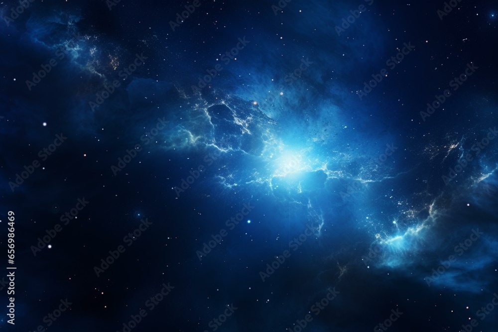 Digitally rendered serene background featuring a blue space with nebula, stars, and a sun. Generative AI