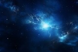 Digitally rendered serene background featuring a blue space with nebula, stars, and a sun. Generative AI