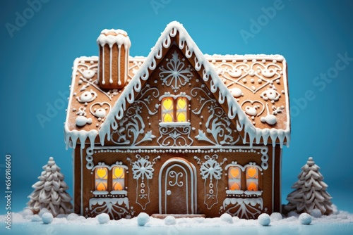 Gingerbread house celebrating the holiday on a serene blue surface.