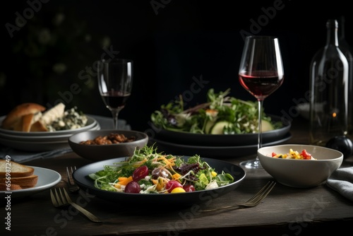 Table served salad wine. Food gourmet. Generate Ai