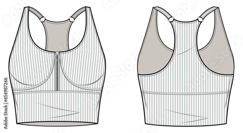 Sports Tops Active Wear flat technical fashion illustration. Sports Bra with quarter zip fashion flat technical drawing template, front view, back view, white color, women, CAD mockup set.