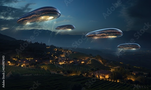 Photo of a night sky filled with flying saucers hovering over a town
