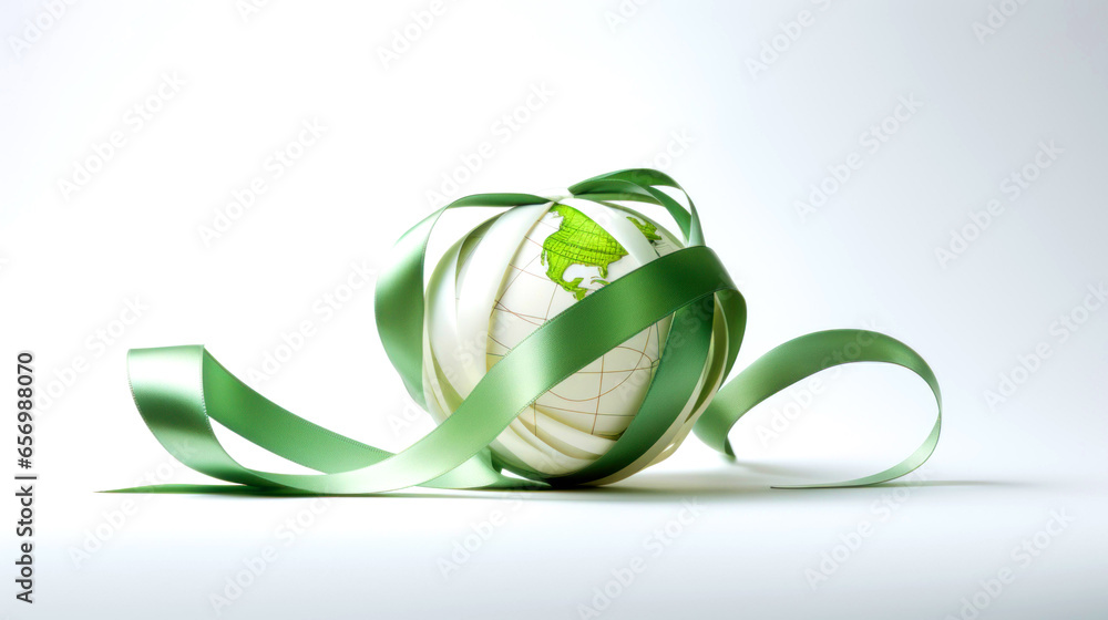 World Mental Health Day web banner with green awareness ribbon in shape of Earth globe. green and white ribbon Earth globe at white background World Mental Health Day web banner with green awareness ribbon in shape of Earth globe. green and white ribbon Earth globe at white background