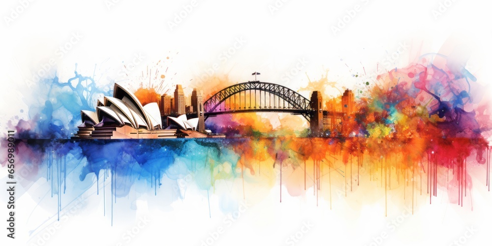 Naklejka premium Rainbow Aquarelle Silhouette of Sydney's Iconic Cityscape, Showcasing the Sydney Opera House, Bondi Beach, and the Natural Beauty of Australia