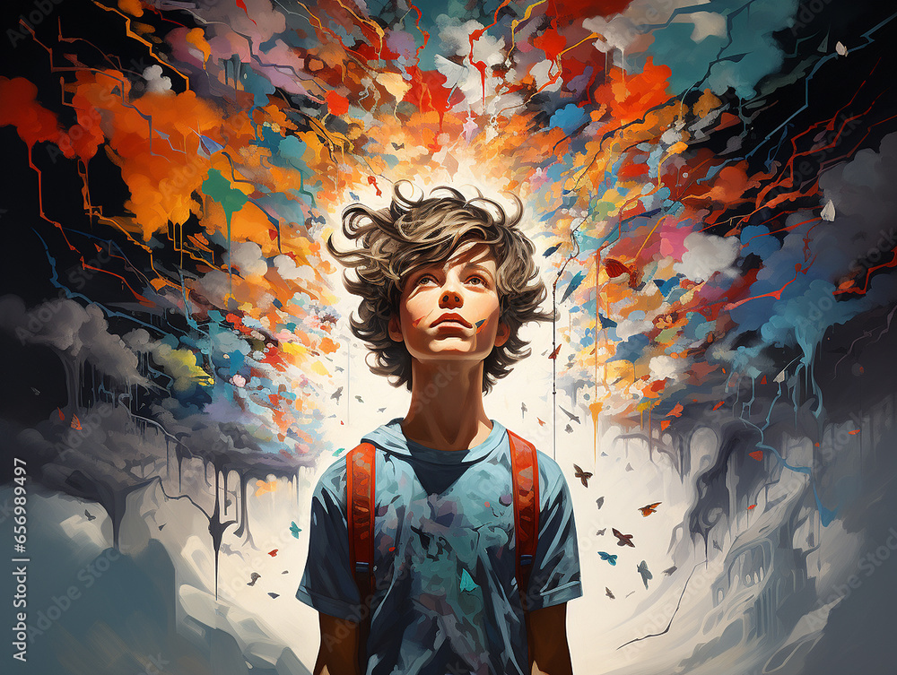 Fototapeta premium Mental Health in Youth. Creative abstract concept about teenage. Colorful illustration of teen boy