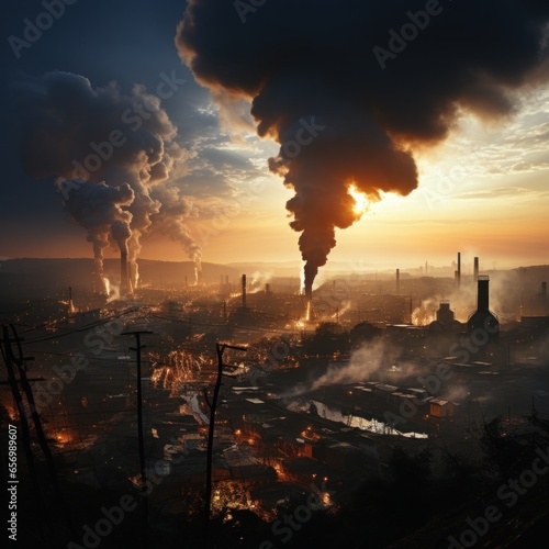 Factories emit smoke pollution and cause air pollution in the afternoon and evening. Good for protecting the environment  carbon dioxide  global warming  greenhouse effect  etc. Generative Ai Image