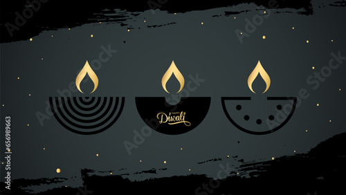 Happy Diwali Banner. India traditional festival of lights holiday background with hand lettering, brush strokes and diya lamps. Black and gold. Vector illustration.