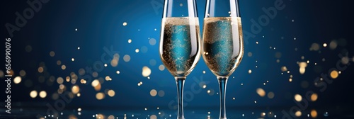Sophisticated champagne flutes filled with holiday cheer against a blue backdrop photo